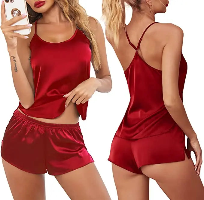 Conjuntos de pijama de satén y encaje sexy para mujer, ropa de dormir, tops sin mangas + pantalones cortos, conjuntos de 2 piezas de pijama para mujer