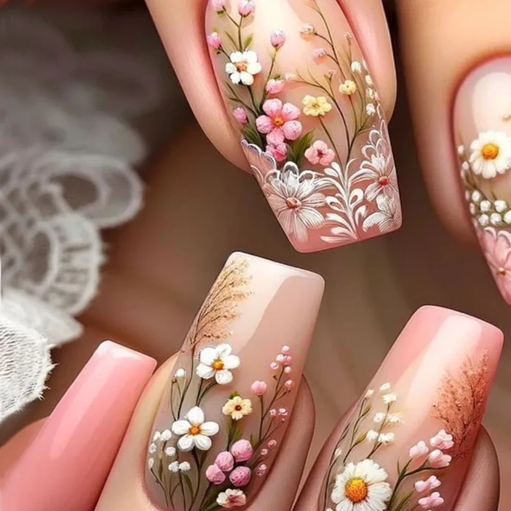 24 Piezas Uñas Postizas Ataúd Dulce Fresco Mariposa Flor Acrílico Brillo Uñas Falsas Brillantes Cubierta Completa Otoño Puntas de Uñas a Presión