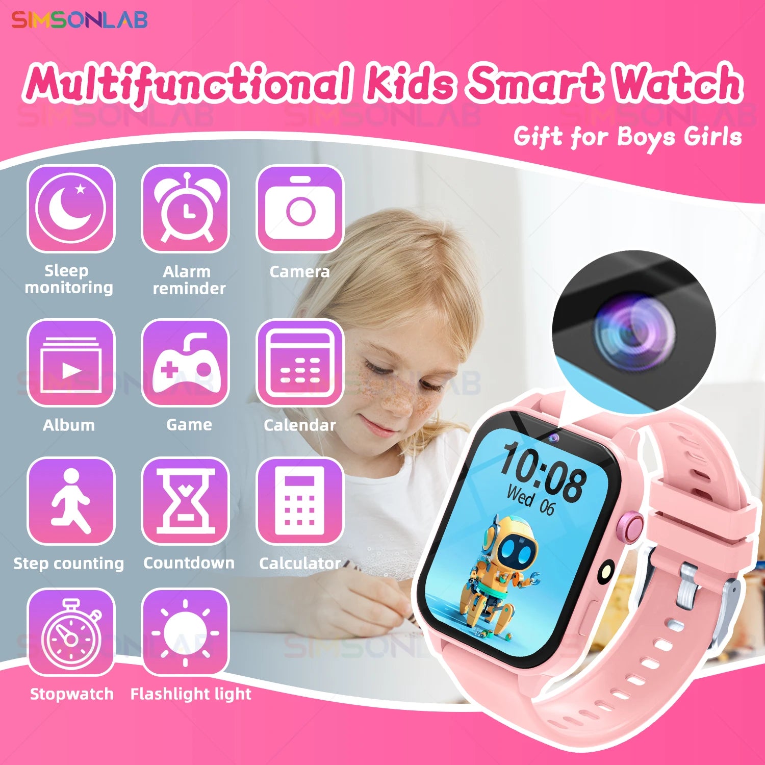 Montre connectée pour enfants, écran tactile HD, caméra, 18 jeux, surveillance du sommeil, réveil, calculatrice, cadeau d'anniversaire pour garçons et filles