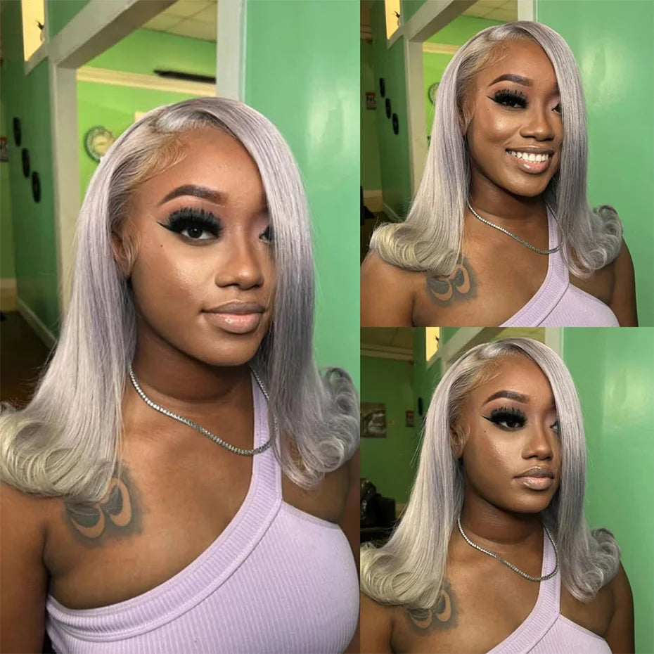 Silver Grey Bob Wigs Human Hair 13x6 HD Lace Frontal Wig Vietnamese Raw Short Straight Blunt Cut 613 Lace Frontal Wigs for Women