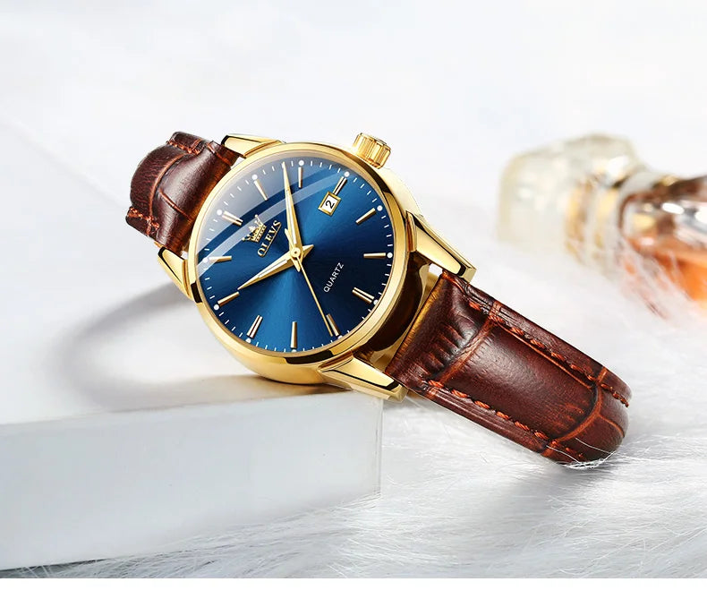 OLEVS 6898 Reloj de Mujer Original de Moda Reloj de Pulsera de Cuarzo Impermeable con Correa de Cuero Luminosa Doble Calendario Reloj de Señora