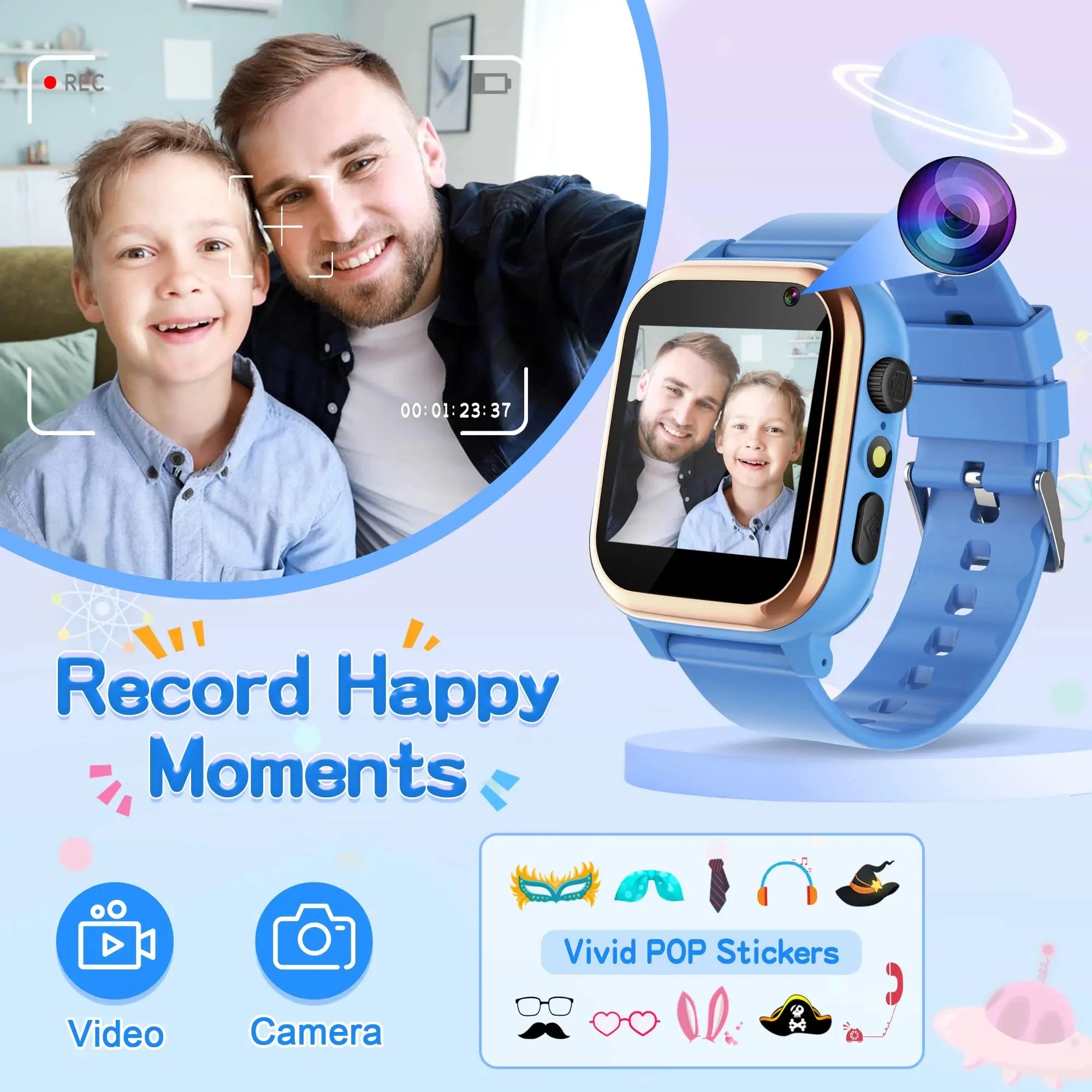 Montre connectée pour enfants, écran tactile HD, lecteur de musique, caméra, 16 jeux de puzzle, podomètre, calculatrice, lampe de poche, montre 12/24 h
