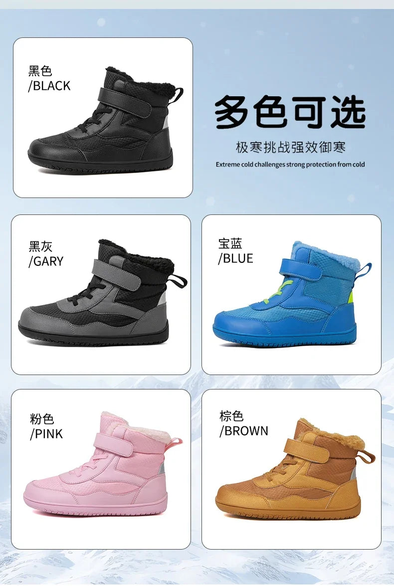 Boys Girls Winter Snow Boots Wide Toe Barefoot Insulated Waterproof Fur Lined Shoes for Kids Cold Weather Outdoor Sneakers