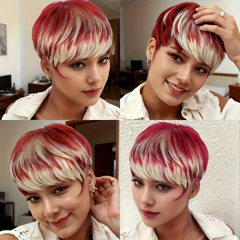 Peluca de corte pixie corto con reflejos burdeos y rubios (99j/613) Pelo liso, red rosa para volumen instantáneo, peluca de uso diario