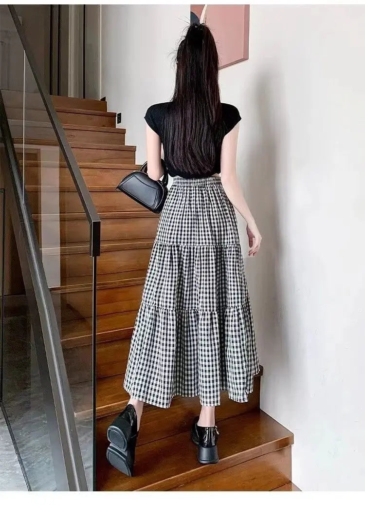 Jupe patchwork à volants pour femme, style vintage, à carreaux, taille haute, élastique, amincissante, mi-longue, été