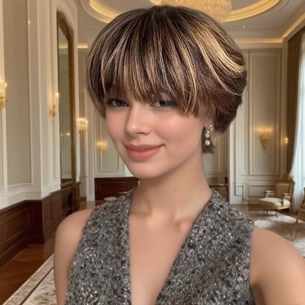 Short Brown Highlights Human Hair Full Machine Made Pixie Cut Wig for Black Women