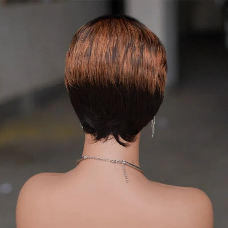 Premium Human Hair 4inches Short Straight Cut Pixie Wigs for Women 150% Density Brazilian Virgin Remy Hair Color 1B/30 Wigs