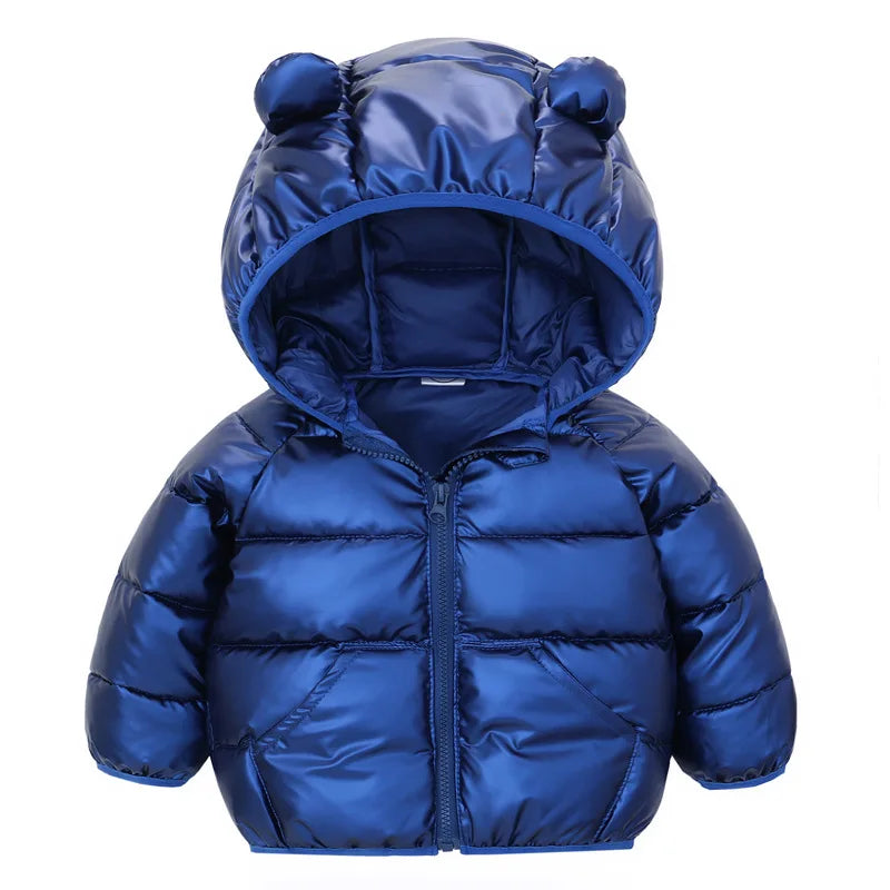Chaqueta de invierno cálida para niños pequeños, abrigo con capucha, chaqueta lisa para niñas y niños, ropa exterior brillante, orejas bonitas, ropa para niños de 2 a 6 años