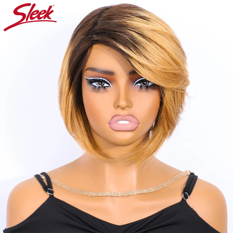 Sleek Peruvian Short Straight Bob Human Hair Wigs With Bangs Full Machine Made Side Part F1B/30 Human Hair Wigs For Black Women