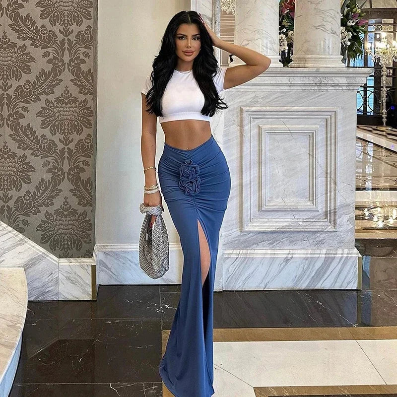 Nueva Falda de Verano para Mujer Ropa de Calle Faldas Sólidas Apliques Sexy Abertura Delgada Elegante Fiesta Femenina Recta Faldas de Cintura Alta