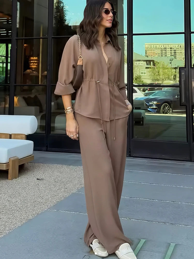 Conjuntos de pantalón para mujer de verano, camisa y blusa, tops, pantalón, conjunto de dos piezas para mujer, camisa de manga corta marrón, traje de pantalón para mujer