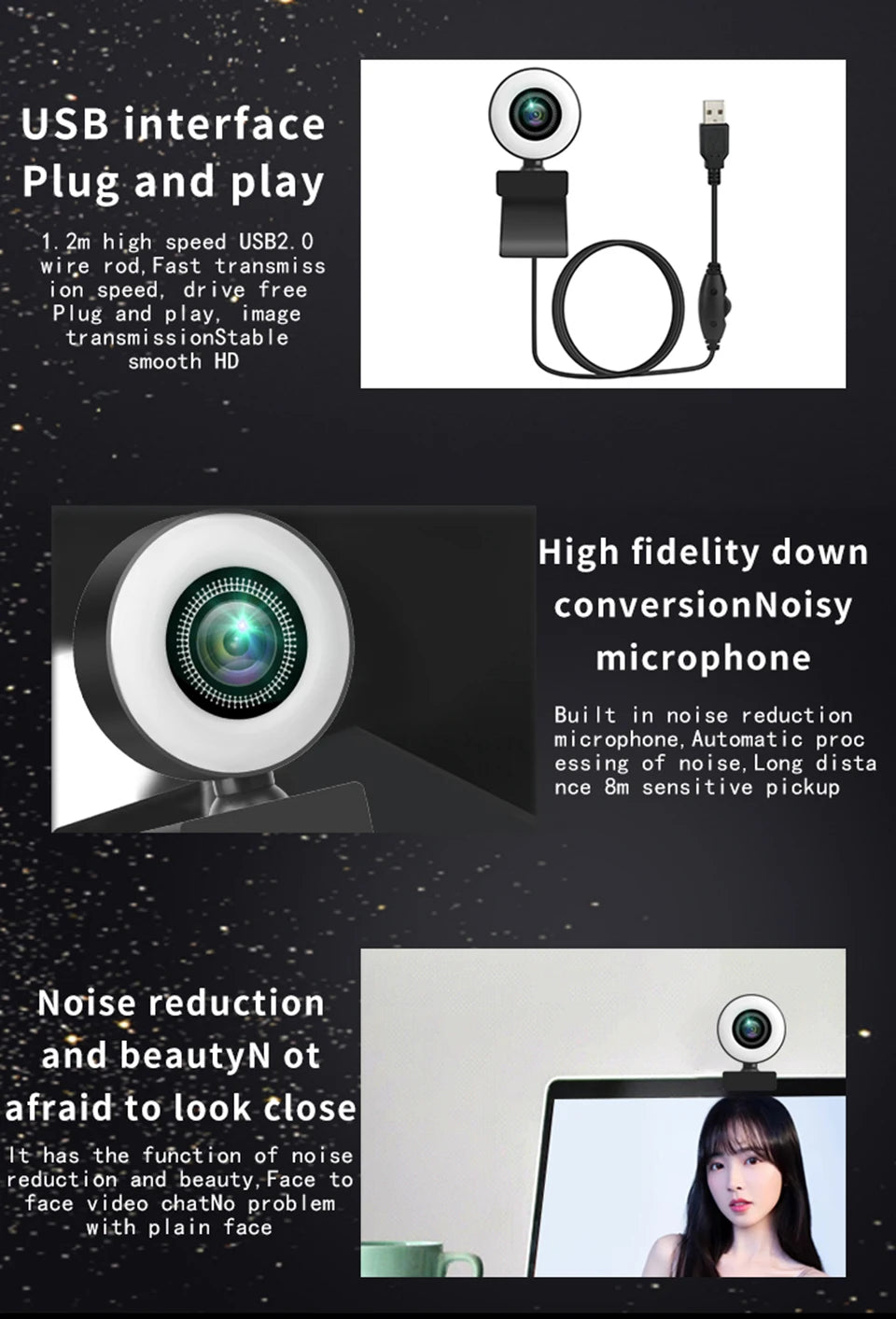 Webkamera 1080P Minikamera Full HD Webkamera Med Ringfyllingslys Mikrofon USB Direktesending For Youtube PC Bærbar PC Videoopptak