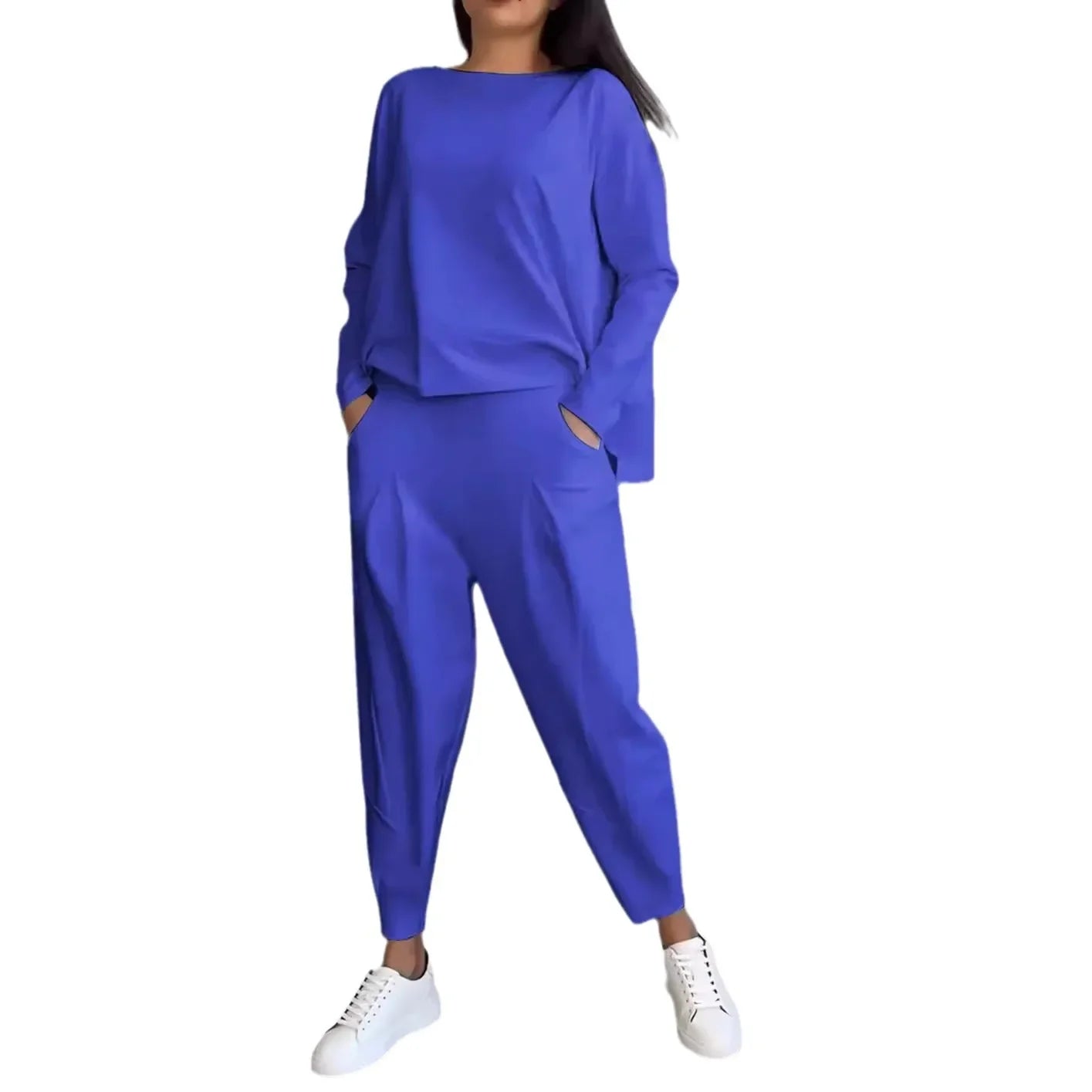 Conjuntos de dos piezas de pantalón para mujer, tops lisos de manga larga, cuello redondo, casual, pantalones largos de cintura media, bolsillos, elegante regular