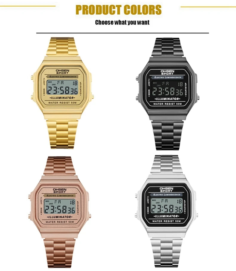 Relojes digitales para mujer de lujo dorados para mujer, deportivos, reloj de acero inoxidable, reloj electrónico, despertadores, regalos