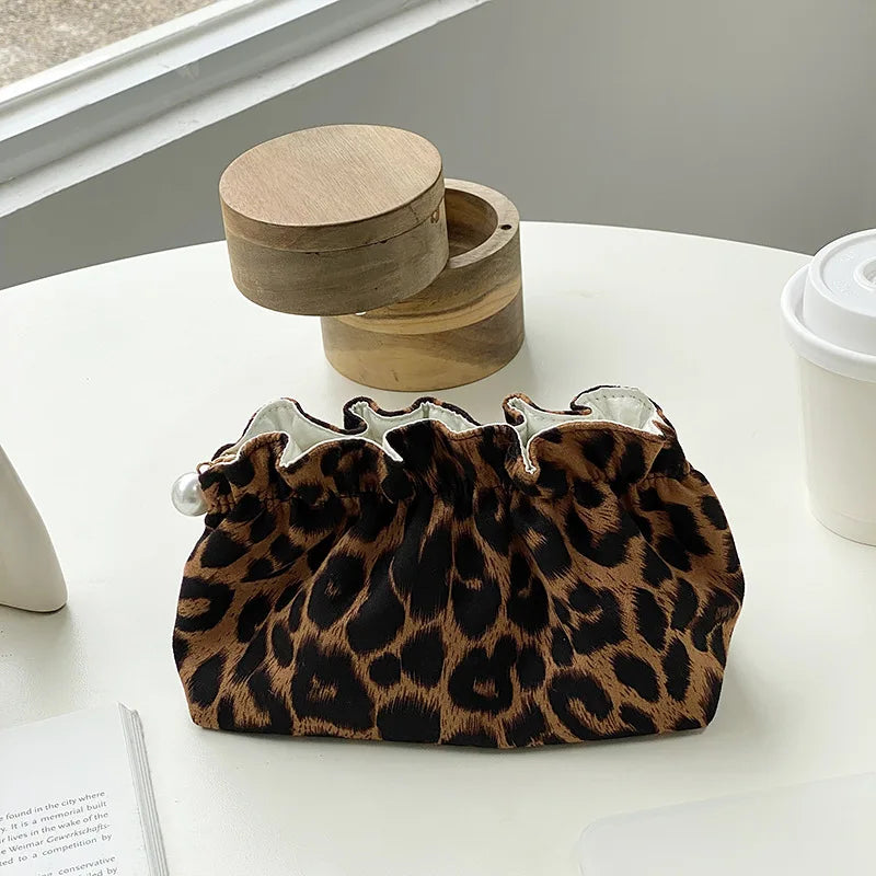 Bolso de Maquillaje de Perlas con Cremallera para Mujer, Neceser de Viaje de Gran Capacidad, Bolsas de Maquillaje con Estampado de Leopardo para Damas, Regalo