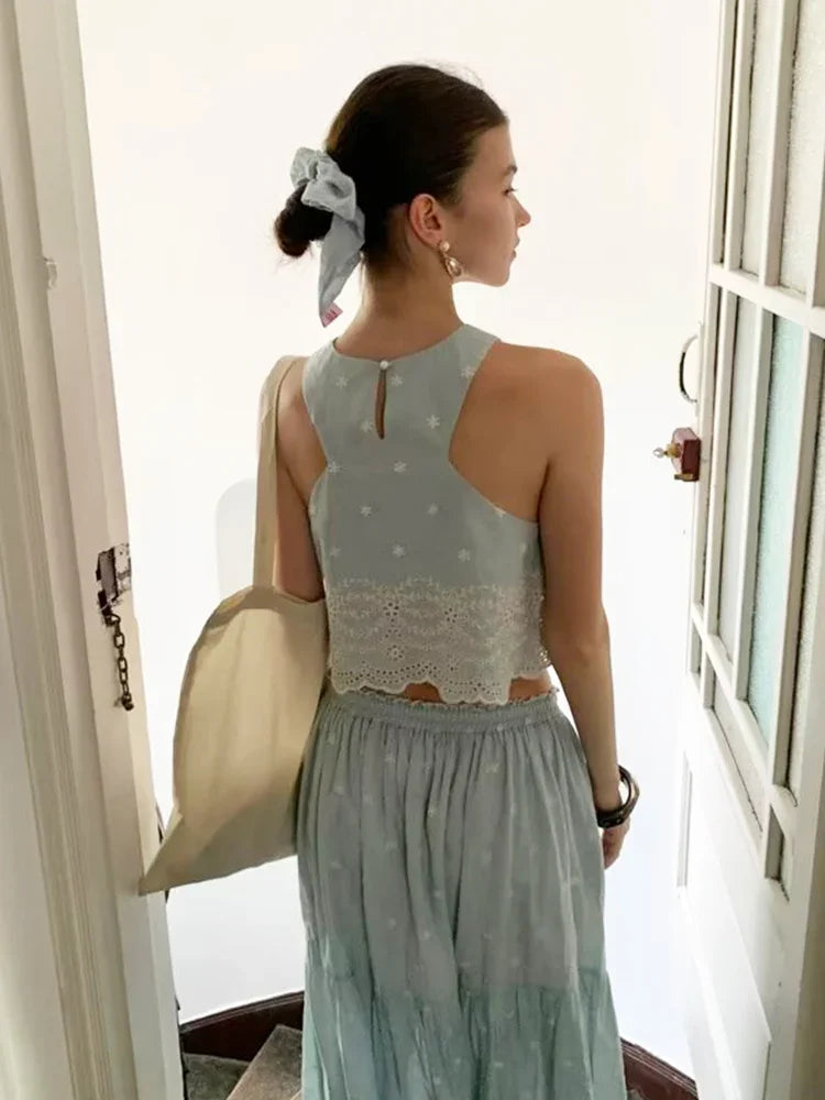 Conjunto de dos piezas de falda y top sin mangas a juego para mujer, falda vintage azul claro, conjunto de vestido de algodón bordado estilo francés