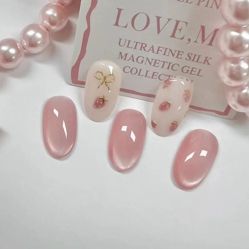 24 uñas postizas de almendra en ojo de gato rosa con diseños de corazón y fresa – Uñas acrílicas brillantes adhesivas para mujeres y niñas