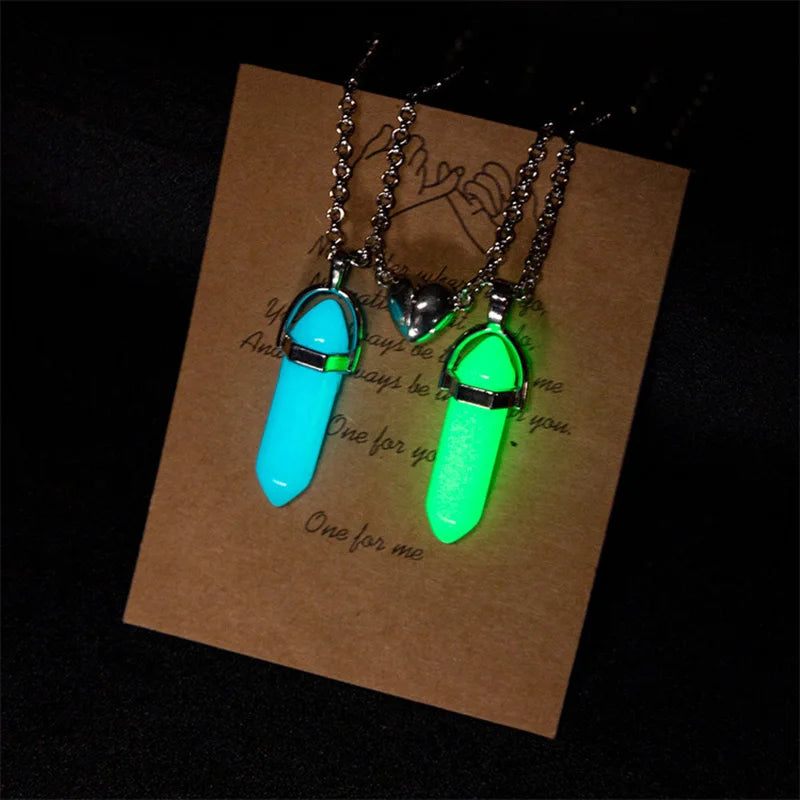 2Pcs/Set Luminous Hexagonal Column Heart Pendant Couple Magnetic Necklace Natural Stone Geometric Pendant Necklace Jewelry Gifts