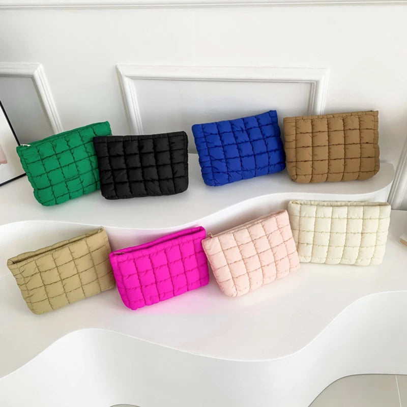 Neceser acolchado para mujer, bolsa de almacenamiento de maquillaje acolchada, neceser hinchable, bolsa organizadora de cosméticos grande, bolso de mano, estuche de belleza