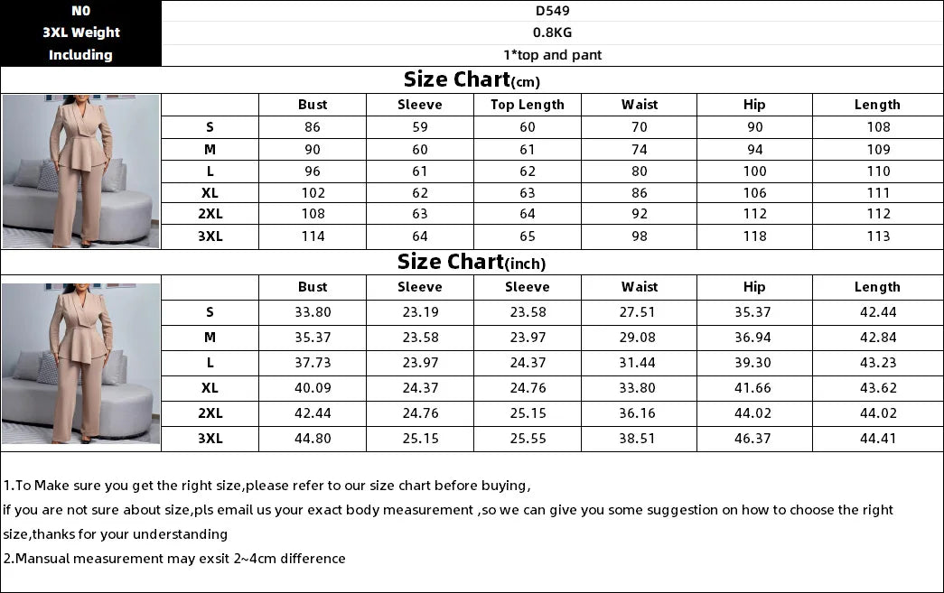 Damesett med to deler, elegante lange ermer, topper, høy midje, bukser, beskjeden peplum, kontor, damearbeidstøy, dress, nytt