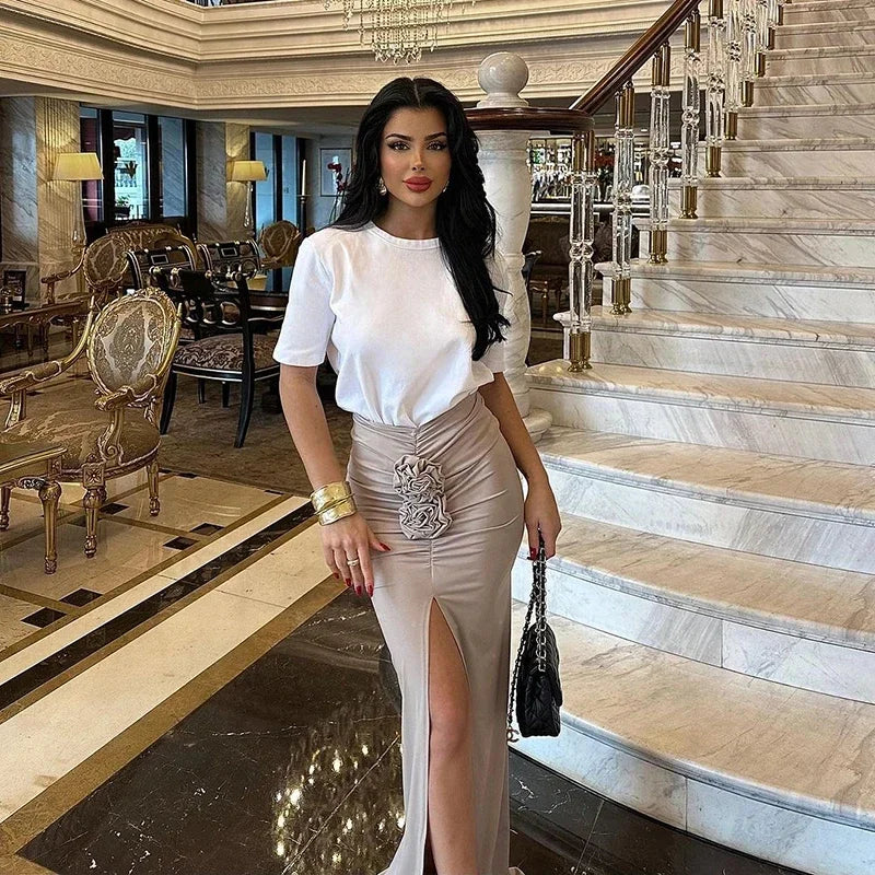 Nueva Falda de Verano para Mujer Ropa de Calle Faldas Sólidas Apliques Sexy Abertura Delgada Elegante Fiesta Femenina Recta Faldas de Cintura Alta
