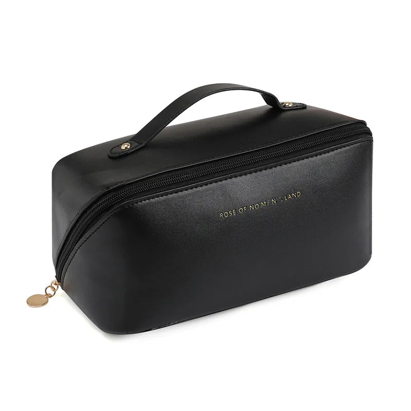 Bolsa de maquillaje PU a la moda y práctica, bolsa de almacenamiento de viaje, neceser de gran capacidad, bolsa de maquillaje con almohadilla de belleza para apoyar la mano