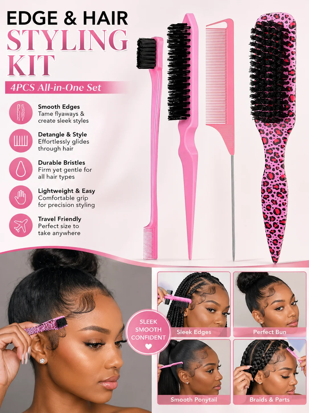 4PCS Leopard Print Hair Brush Set, Detangling Brush, Slick Back Hair Brush & Edge Comb, Hair Styling Accessories for Women