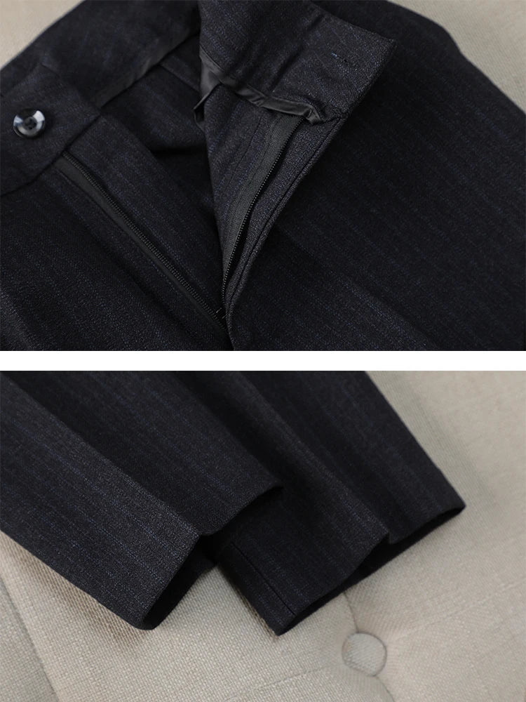Traje de pantalón para mujer, para oficina, trabajo, conjunto de 2 piezas, blazer formal a rayas negras y azules y pantalón