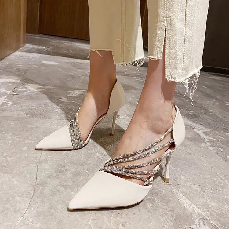 Zapatos de tacón alto para fiesta de noche de mujer, nuevos zapatos de salón elegantes para mujer, de punta, negros, con tiras, para mujer