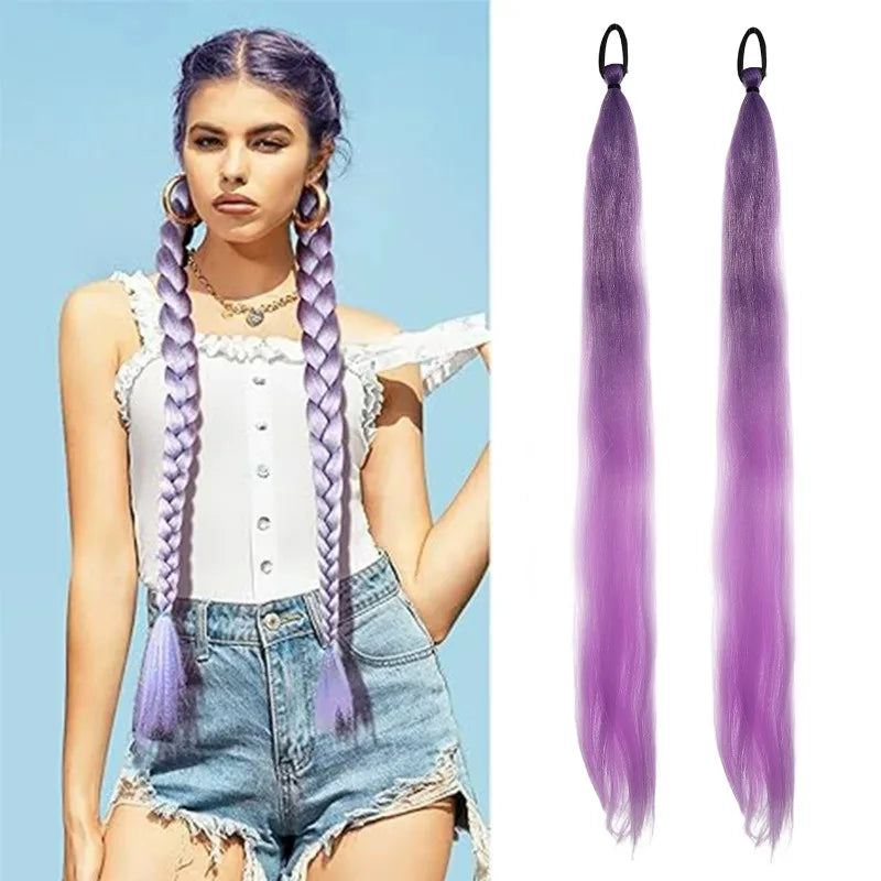 Y2K Kpop Ponytail Extension with Rubber Band Long Straight DIY Synthetic Braided Pony Tail Hairpiece Women Headwears Accessories