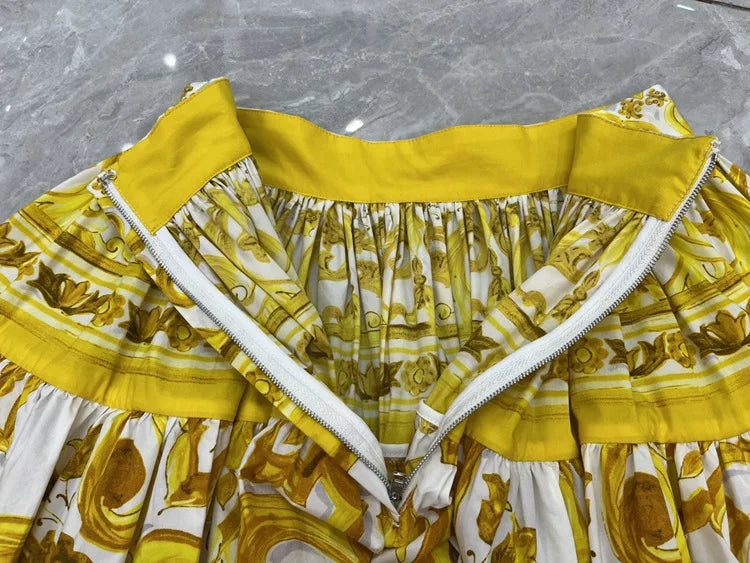 Designer Women's Cotton Corset Top & Mini Skirt Set | Yellow Porcelain Print | Summer Beach Vacation Outfit