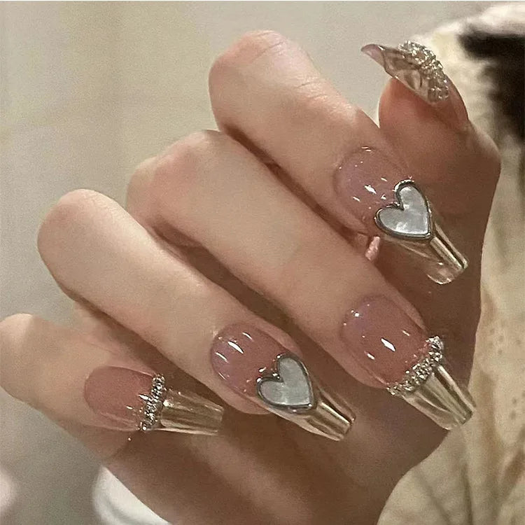 24 Pcs Uñas postizas cuadradas cortas estilo ataúd, uñas postizas francesas con brillo, uñas acrílicas de cubierta completa para mujer, puntas de uñas a presión tipo ballet