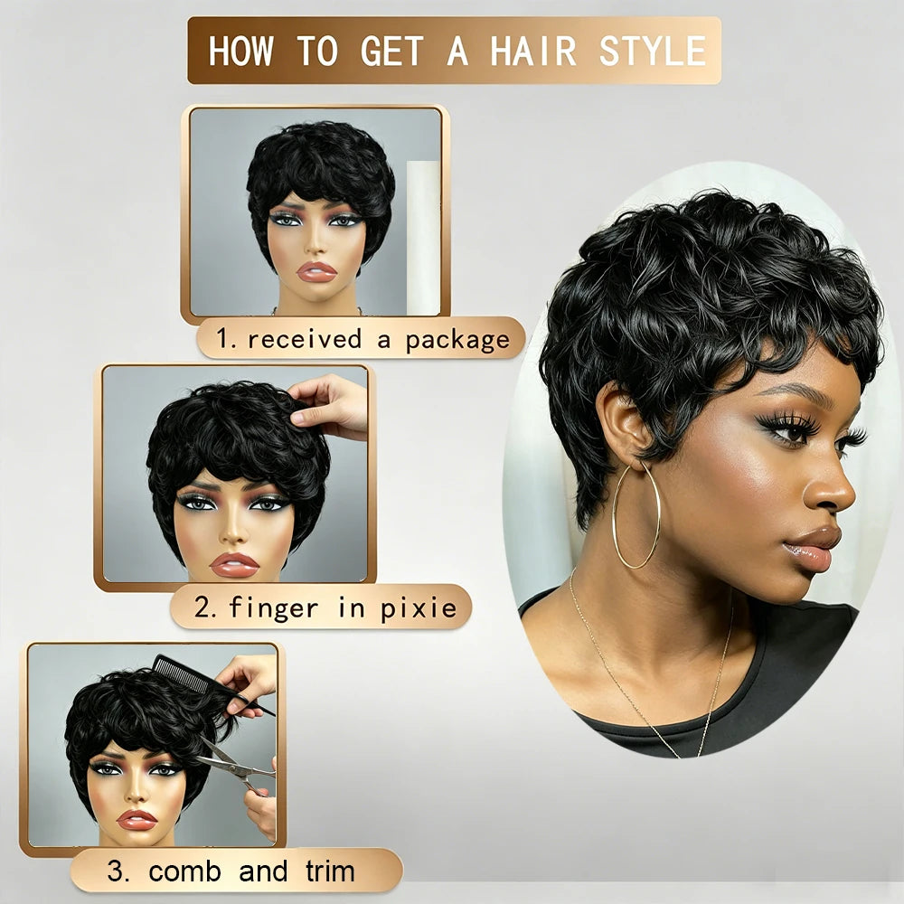 Short Black Curly Pixie Cut Brazilian virgin Human Hair Wigs with Bangs, Natural Black Layered Wavy Wigs with Fringe, Full Machine Made, Daily/Party Wear