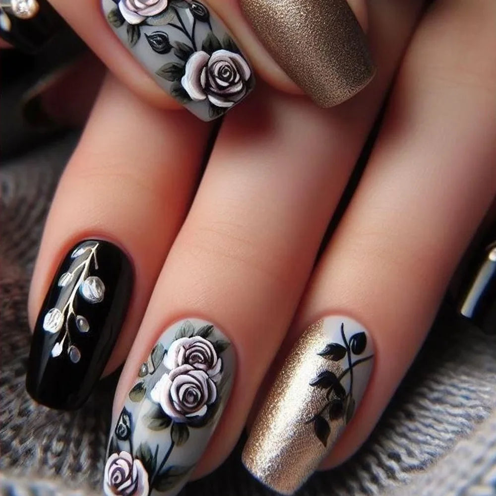 24 Piezas Uñas Postizas Ataúd Dulce Fresco Mariposa Flor Acrílico Brillo Uñas Falsas Brillantes Cubierta Completa Otoño Puntas de Uñas a Presión