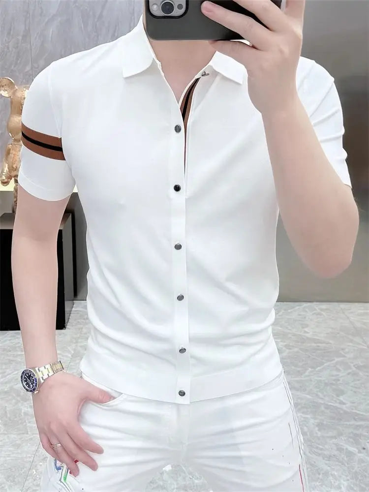 Camisa casual de negocios de lujo ligero para hombre, de manga corta, ajustada, a la moda, con personalidad y alta calidad