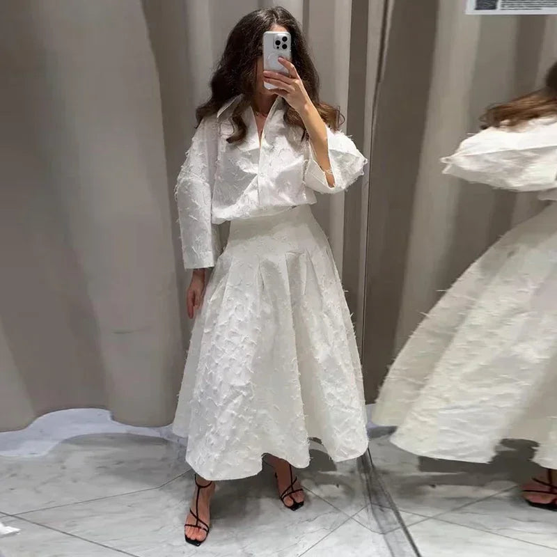 Conjunto de Falda Larga y Camisa con Borlas de Verano para Mujer Elegante Blanco Suelto Cintura Alta Plisada Maxi Faldas Trajes 2025 Ropa de Calle para Oficina
