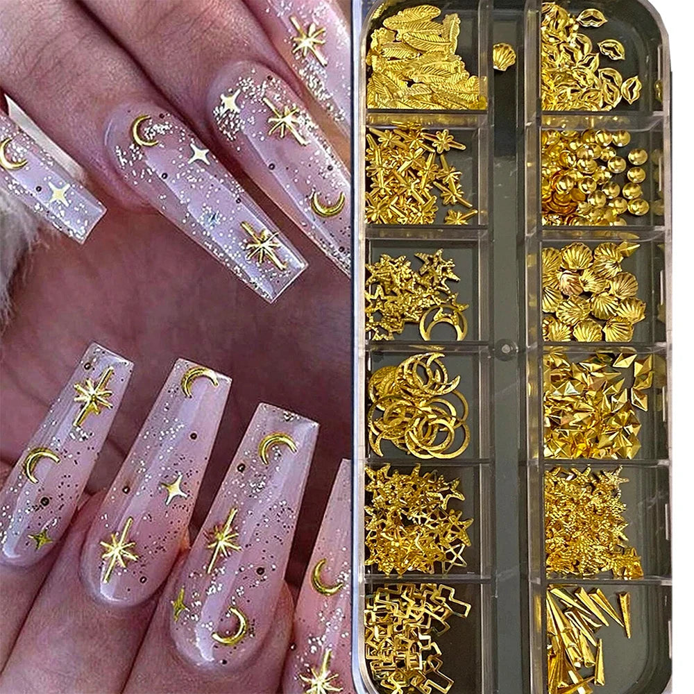 12Grids Moon Star Nails Gold Metallic Nail Sequins Charms 3D Nail Art Tips Decoration 3D Metal Moon Star Sun Bead Rivet Nail Je