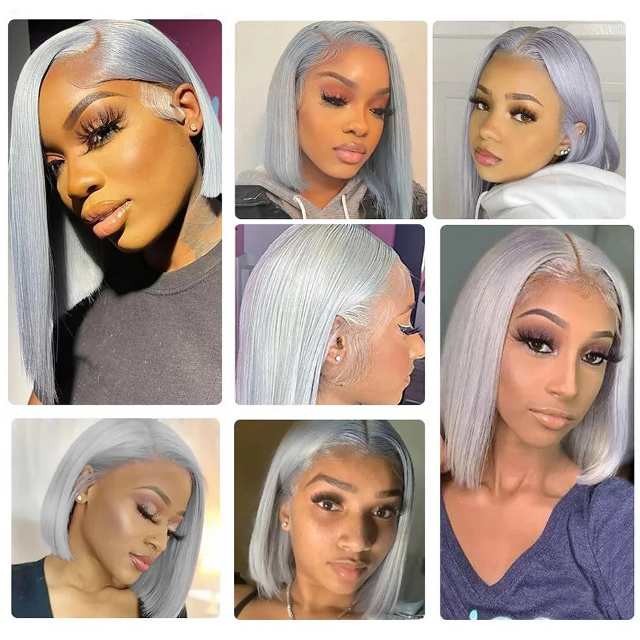 Silver Grey Bob Wigs Human Hair 13x6 HD Lace Frontal Wig Vietnamese Raw Short Straight Blunt Cut 613 Lace Frontal Wigs for Women