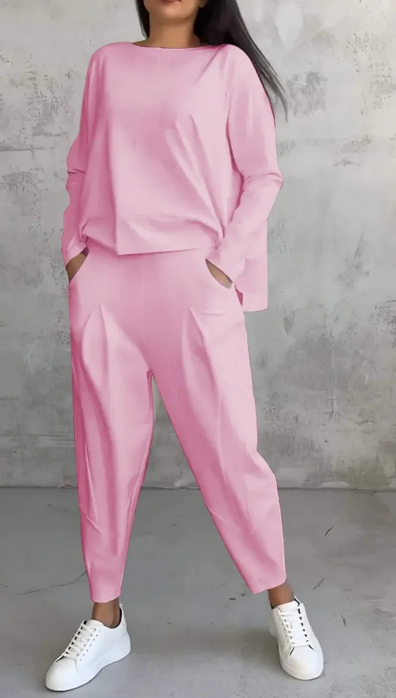 Conjuntos de dos piezas de pantalón para mujer, tops lisos de manga larga, cuello redondo, casual, pantalones largos de cintura media, bolsillos, elegante regular