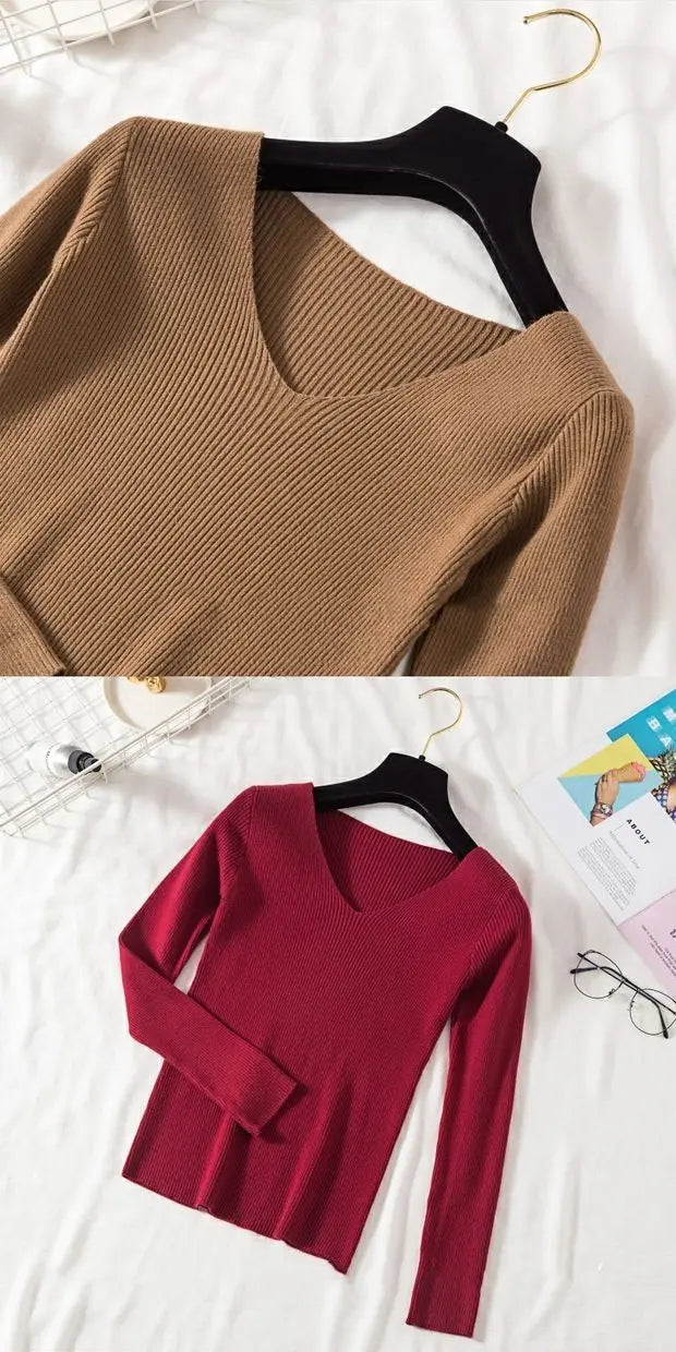 Suéter de mujer nuevo otoño invierno de manga larga jersey básico top de moda cuello en V elástico femenino invierno de punto sólido