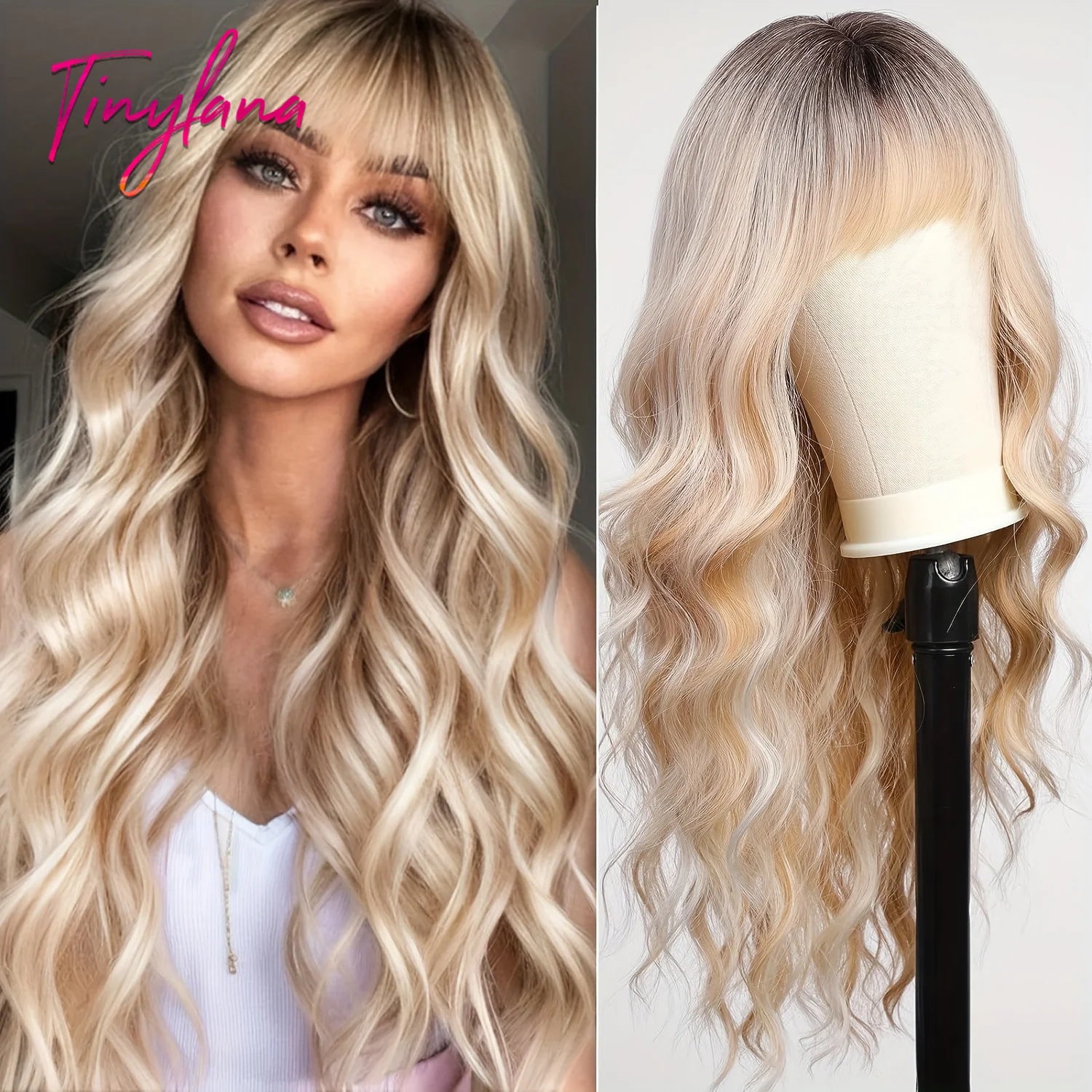 Perruques synthétiques longues et bouclées blanc platine avec frange pour femmes, perruque ondulée Afro Cosplay Lolita, cheveux naturels résistants à la chaleur, pour usage quotidien