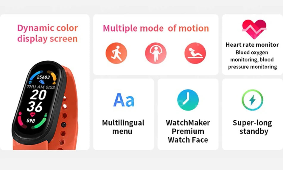M6 Smartwatch Hombre Mujer Pulsera Inteligente de Fitness Banda Deportiva Monitor de Frecuencia Cardíaca y Presión Arterial Relojes Impermeables Multifunción