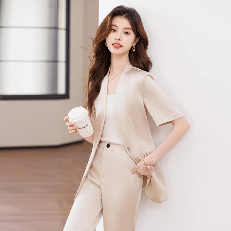 Damebuksedress med belte Sommer Kortermet V-hals Blazer og bukser Sett Elegant Kontorarbeidstøy Lilla Mote 2025