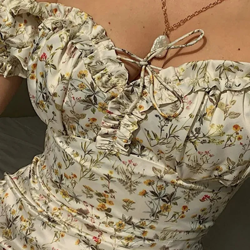 Vestido maxi floral de verano para mujer con hombros descubiertos, mangas abullonadas, bata sexy con cordones laterales, abertura y estilo chic a media pantorrilla QT044