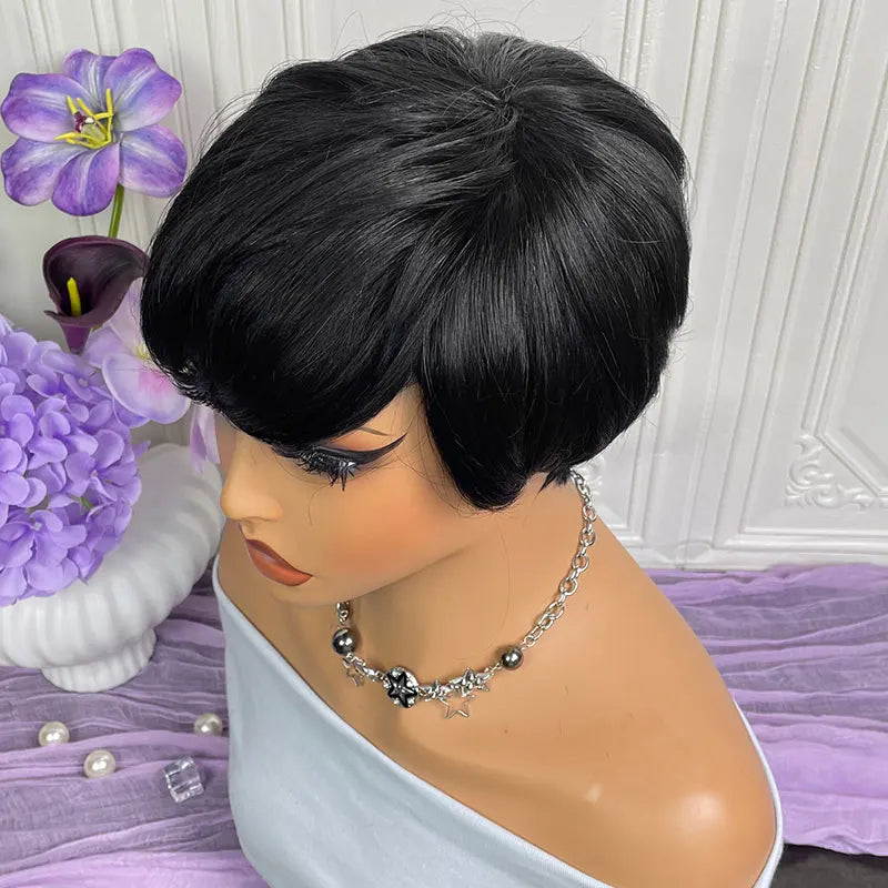 Short Straight Human Hair Wigs Highlight Color Brazilian Remy Hair Pixie Cut Wig Cheap Human Hair Machine Wig For Black Women
