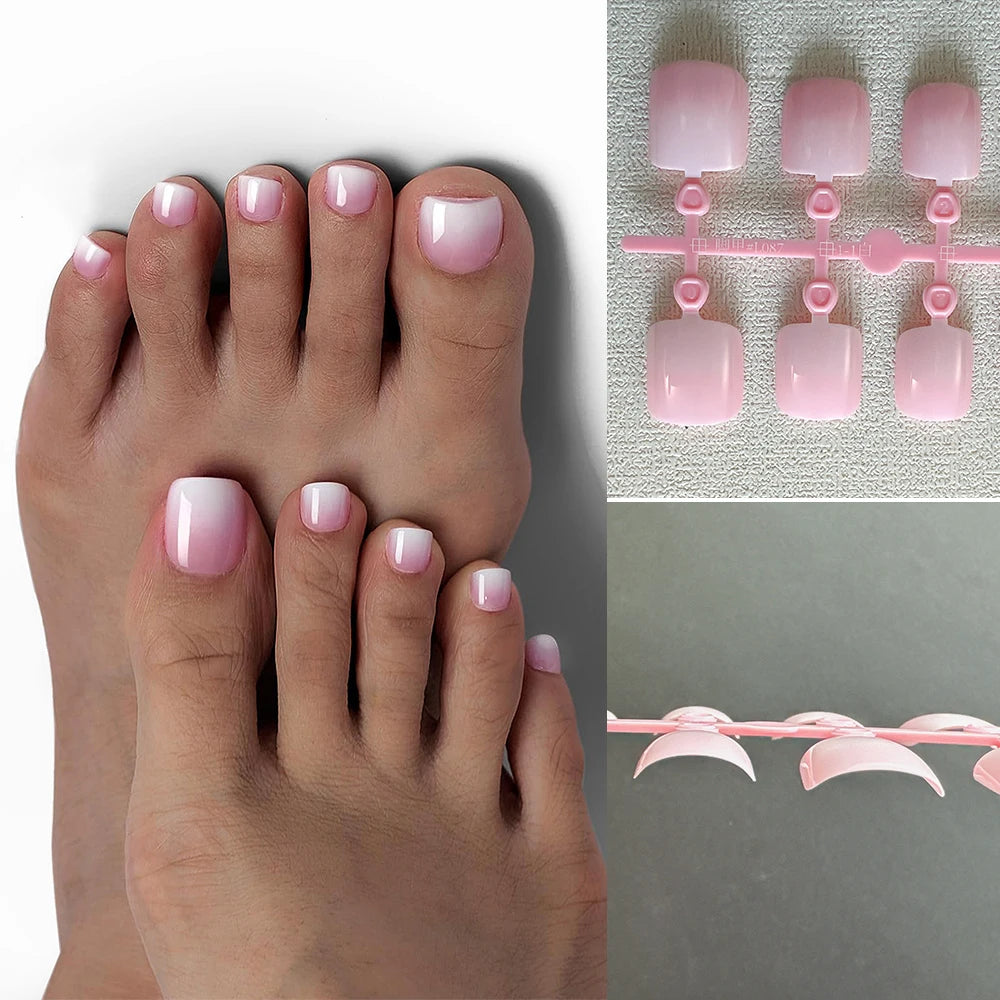120 uñas postizas francesas para presionar en los pies, uñas postizas cortas cuadradas degradadas en blanco, rosa y nude, puntas de uñas de pie de cobertura completa para bricolaje
