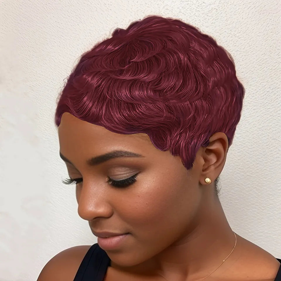Peluca de verano hecha a máquina para mujer, corte pixie escalonado, cabello humano, color negro natural/99j, densidad 150%, 4 pulgadas