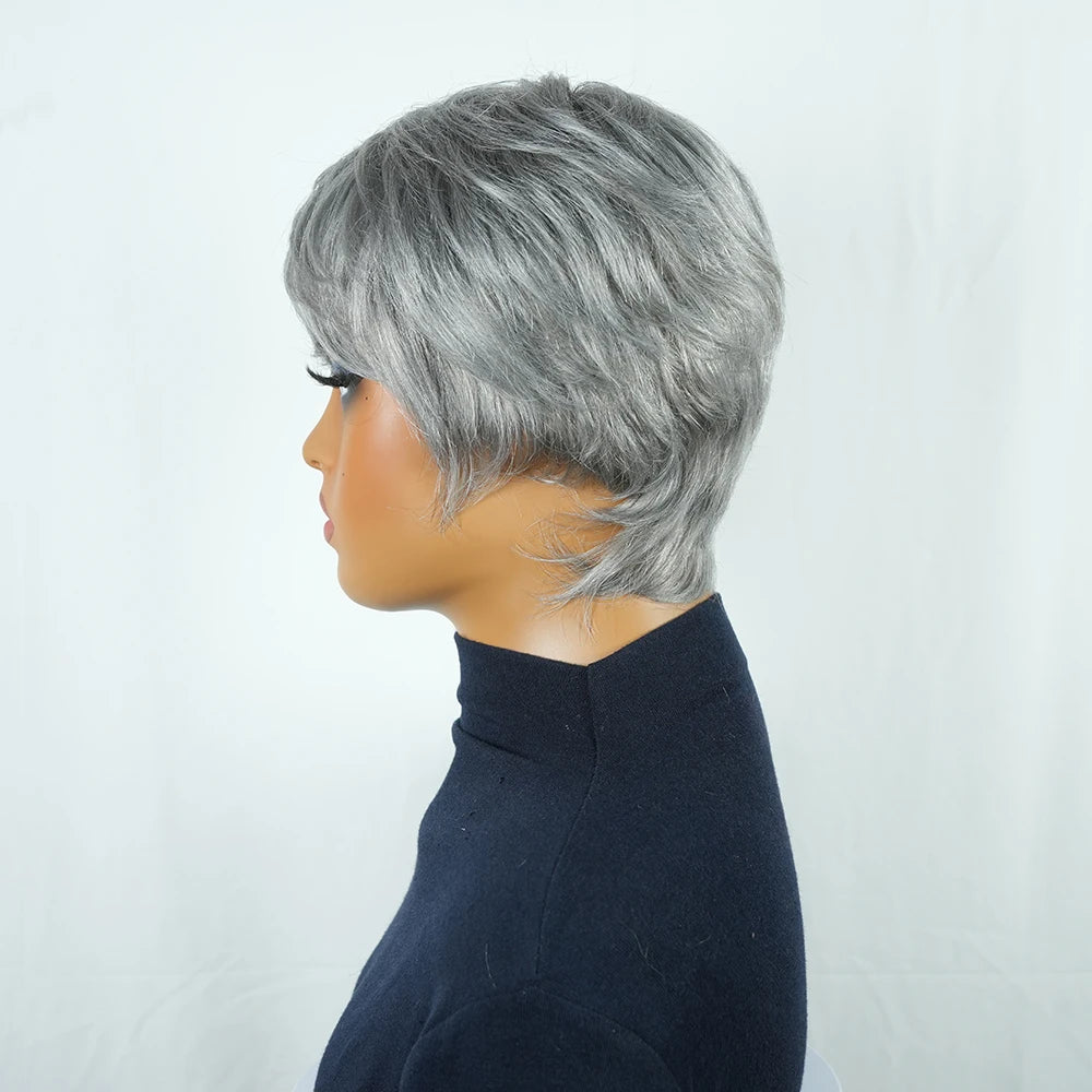 Gray Human Hair Pixie Cut Wig Short Silver Color with Pre Plucked Bangs for Women Brazilian Remy Hair Machine Made Pixie Cut Wig