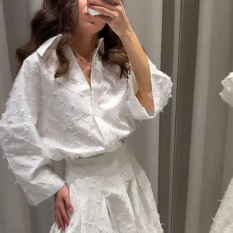 Conjunto de Falda Larga y Camisa con Borlas de Verano para Mujer Elegante Blanco Suelto Cintura Alta Plisada Maxi Faldas Trajes 2025 Ropa de Calle para Oficina