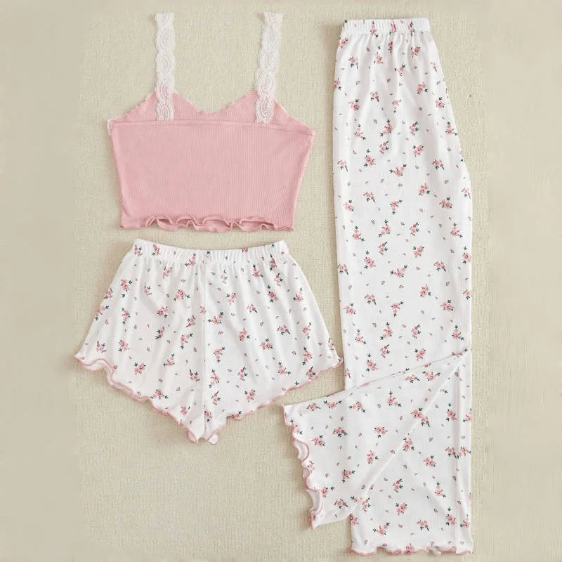 Conjuntos de Pijama para Mujer, Tres Piezas, Top de Tirantes, Estampado, Pantalones Cortos, Pantalones Largos, Trajes Casuales, Ropa de Noche, Ropa de Dormir Dulce para Mujer, Verano
